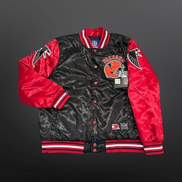 NFL Other - Atlanta Falcons Jacket Mens Small Black Red Satin Varsity Bomber Coat Retro NFL